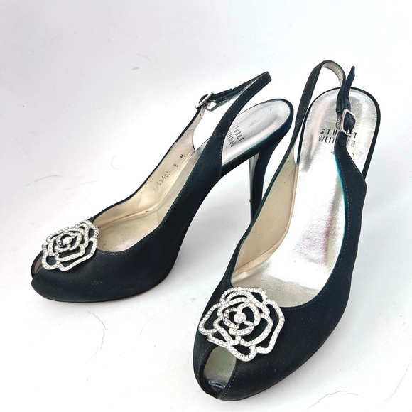 STUART WEITZMAN VTG Rhinestone Rose Platform Slingback Stiletto Heels Size 8 - Picture 1 of 12
